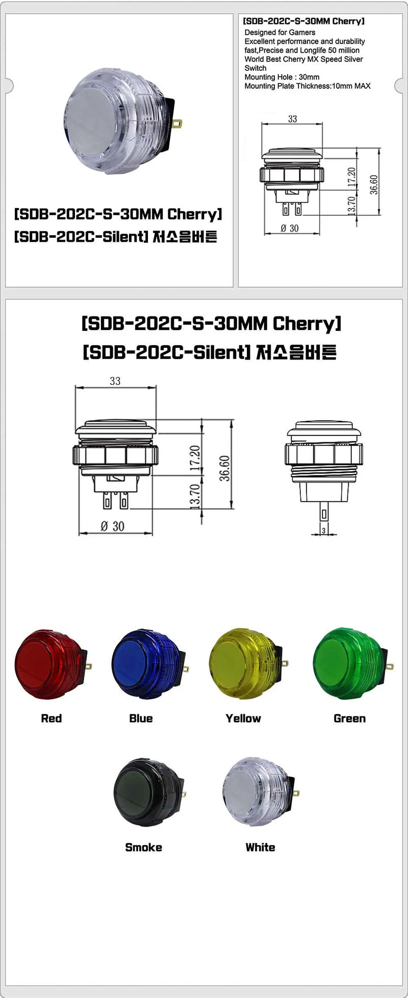 CROWN / SAMDUCKSA SDB-202C-Silent 30 mm Screw-in button - Clear Red
